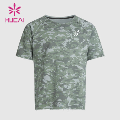 HUCAI Private Label Fitness Shirts Camo Printing Fabric Mens Raglan Sleeves Gym Wear