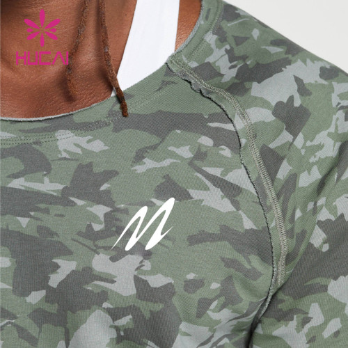 HUCAI Private Label Fitness Shirts Camo Printing Fabric Mens Raglan Sleeves Gym Wear