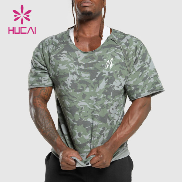 HUCAI Private Label Fitness Shirts Camo Printing Fabric Mens Raglan Sleeves Gym Wear