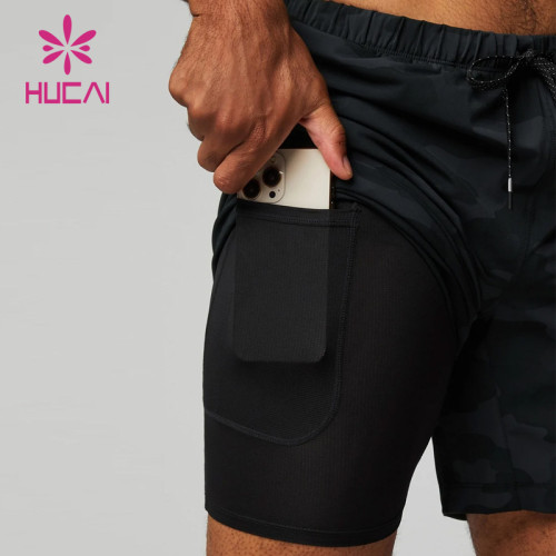 HUCAI Custom 2 in 1 Fitness Shorts Mens Camo Printing Private Label Spandex Gym Wear