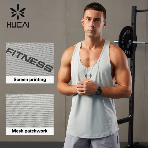 HUCAI ODM Gym Mens Vest Tank Top Skeleton Mesh Patchwork Gymwear Factory