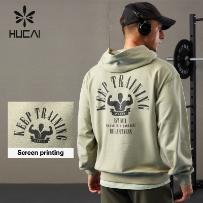 HUCAI ODM Fitness Hoodies Print Sorona Fabric Custom Mens Gymwear Manufacturer