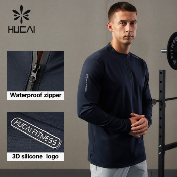 HUCAI Mens Shirts High-frequency LOGO Collarless Design Gym Long Sleeves ODM