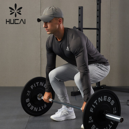 HUCAI OEM Mens Gym Shirts High-frequency Silicone 3D LOGO Long Sleeves Supplier