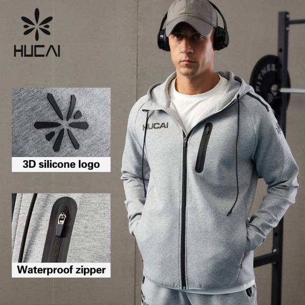 HUCAI ODM Fitness Jackets Air Layer Fabric Invisible Zipper Custom Mens Hoodies