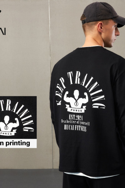 HUCAI ODM Fitness Sweatshirts Screen Printing 100% Cotton Mens Long Sleeves