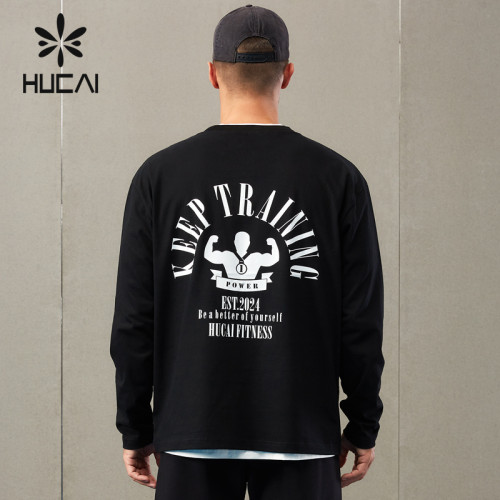 HUCAI ODM Fitness Sweatshirts Screen Printing 100% Cotton Mens Long Sleeves