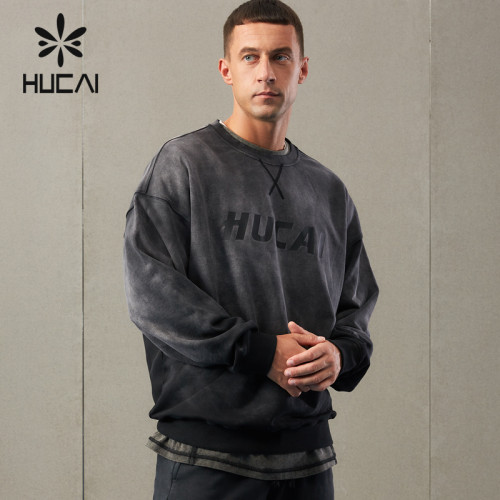 HUCAI Fitness Bleach Washed Sweatshirts Gradation Process Mens Gym Shirts ODM