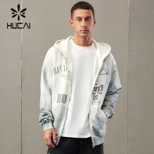 HUCAI Private Label Fitness Jacket Washed Dyeing Frying Process Mens Gym Coat ODM