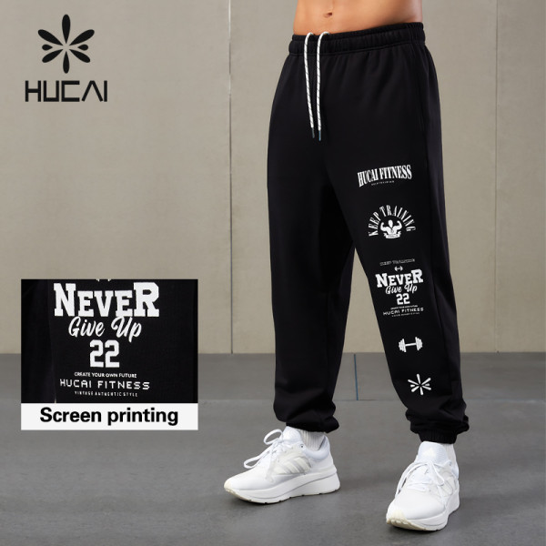HUCAI OEM Mens Sports Joggers Sorona Fabric Screen Printing Sweat Pants Factory