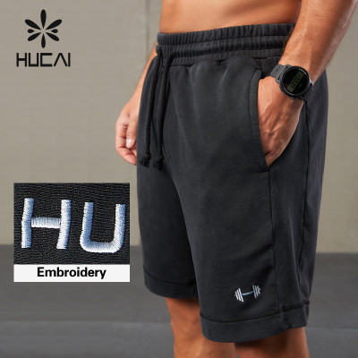 HUCAI ODM Sports Shorts Embroidery 100% Cotton Washed Fabric Sportswear