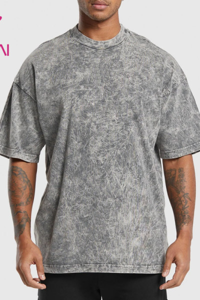 HUCAI OEM Fitness Shirts Washed Fabric Ribbed Paneling Gym T-shirt Custom Activewear