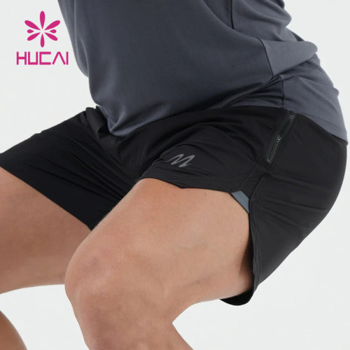 HUCAI OEM Mens Gym Shorts Nylon spandex split Hem zip pocket Custom Activewear Manufacturers