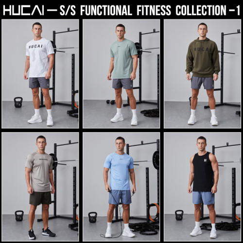 HUCAI OEM fitness short sleeved polyester ammonia waffle fabric splicing sportswear manufacturer