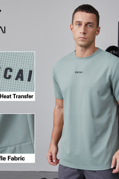 HUCAI OEM fitness short sleeved polyester ammonia waffle fabric splicing sportswear manufacturer