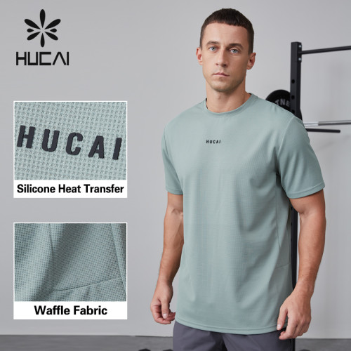 HUCAI OEM fitness short sleeved polyester ammonia waffle fabric splicing sportswear manufacturer