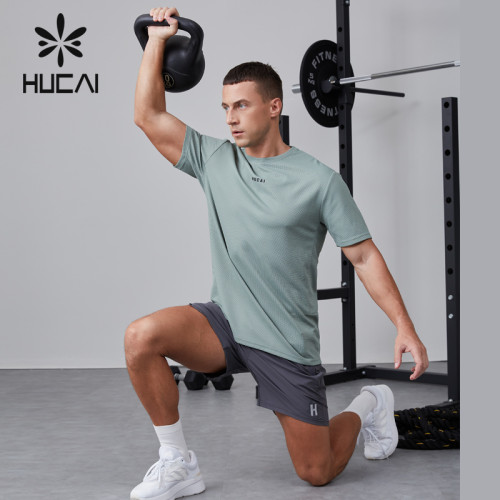 HUCAI OEM fitness short sleeved polyester ammonia waffle fabric splicing sportswear manufacturer