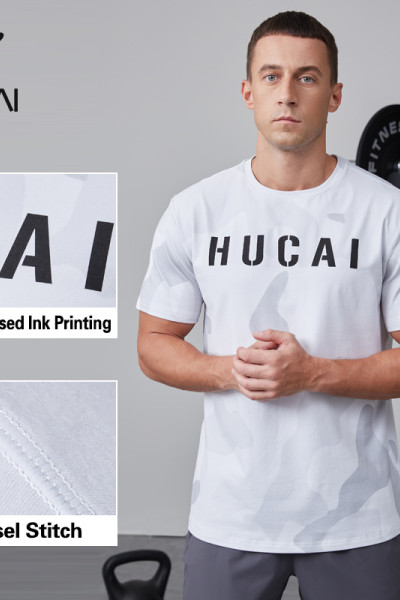 HUCAI OEM fitness short sleeved cotton polyester fabric digital printed sportswear manufacturer