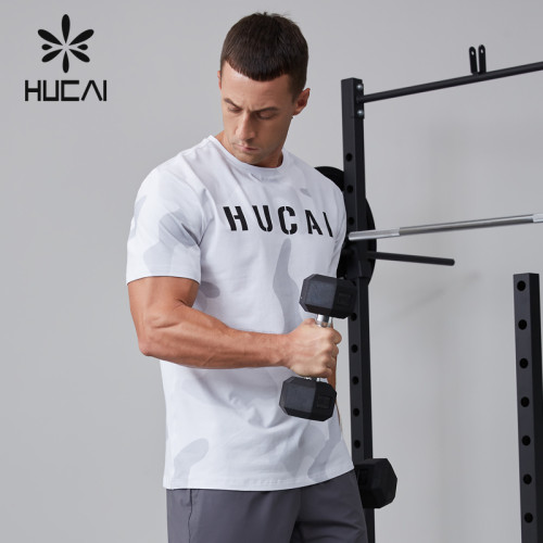 HUCAI OEM fitness short sleeved cotton polyester fabric digital printed sportswear manufacturer