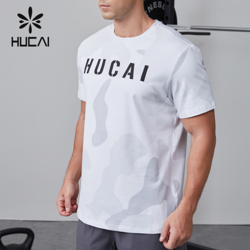 HUCAI OEM fitness short sleeved cotton polyester fabric digital printed sportswear manufacturer