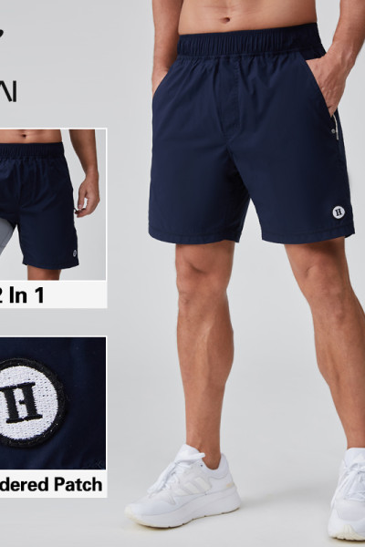 HUCAI OEM gym shorts 2 In 1 embroidered patch Hidden Zipper Pocket activewear Manufacturer