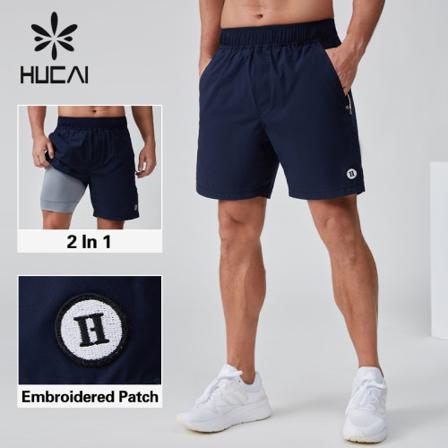 HUCAI OEM gym shorts 2 In 1 embroidered patch Hidden Zipper Pocket activewear Manufacturer