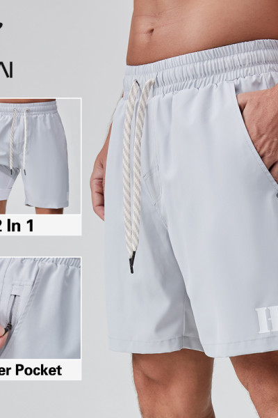 HUCAI OEM Sports Shorts 2 In 1 Zipper Pocket Custom Rivets And Drawstring  Activewear Manufacturer