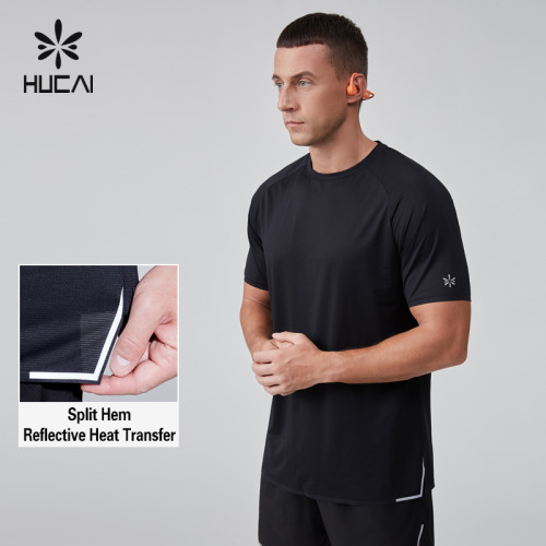 HUCAI OEM Men's T Shirt Polyester Spandex Split Hem Reflective Heat Transfer Running Wear Manufacturer