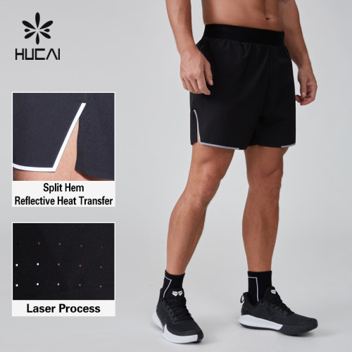 HUCAI OEM Men's Shorts Polyester Spandex Split Hem Reflective Heat Transfer Active Gym Wear Manufacturer