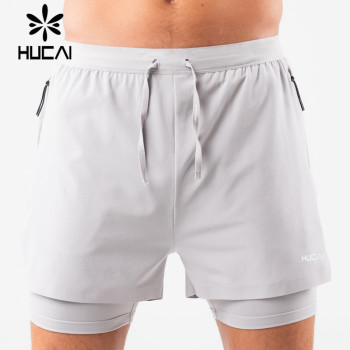 OEM Gym Contrast Color Elastic Shorts Mens 2 in1 Double Layers