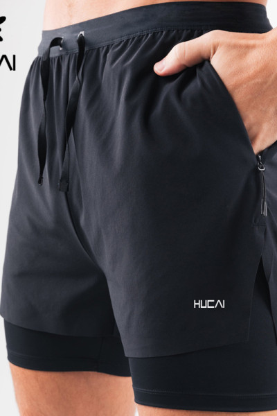 OEM Gym Contrast Color Elastic Shorts Mens 2 in1 Double Layers