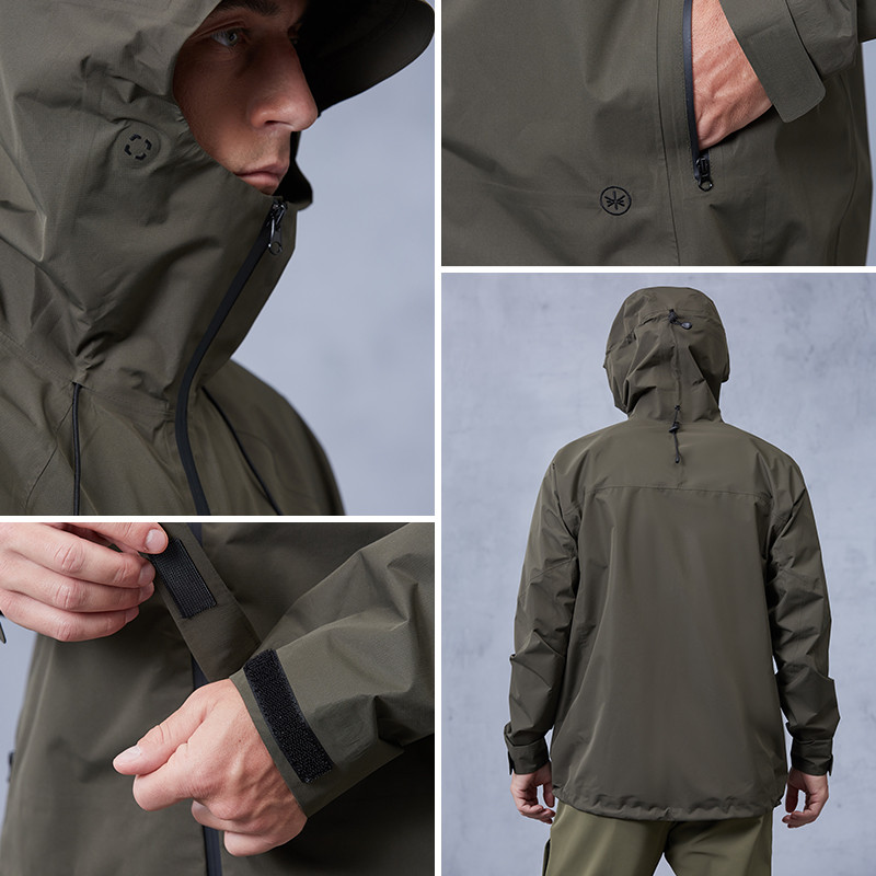 Detail collage of a men's running jacket showing a hood cord lock, a zipped hand pocket, a hook-and-loop cuff closure and the rear view of the hooded shell, representing packability and hardware decisions