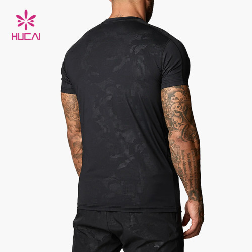 Custom Men's Muscle Fit Training T-Shirt Camo Print Reflective Logo |HUCAI Activewear Manufacturer
