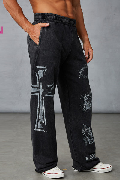 Custom Men's Vintage Snow Wash Jogger Pants with White Print Manufacturer