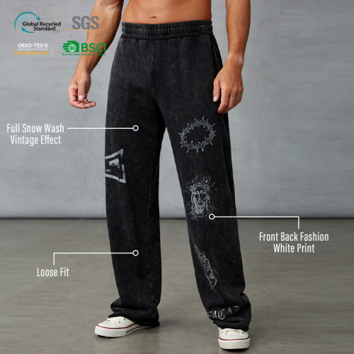 Custom Men's Vintage Snow Wash Jogger Pants with White Print Manufacturer