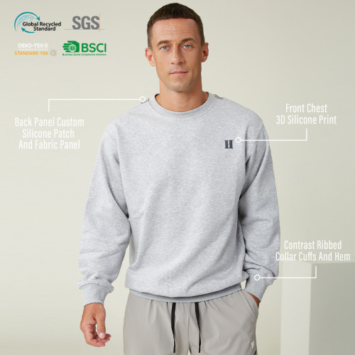 Custom Men's Crewneck Sweatshirt with Silicone Patch And Fabric Panel Manufacturer
