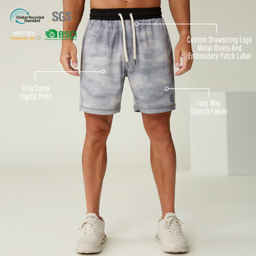 Custom Men's Gray Camo Four-Way Stretch Sports Shorts Manufacturer