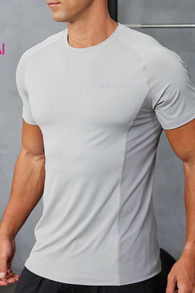 Custom Men's Gray Textured Panel Training T-Shirt | Slim Fit Performance Activewear Manufacturer