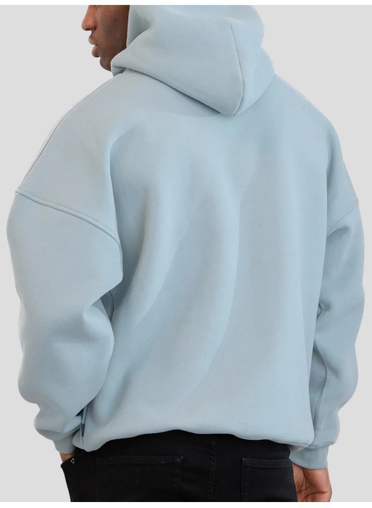 Men's relaxed gym hoodie construction detail