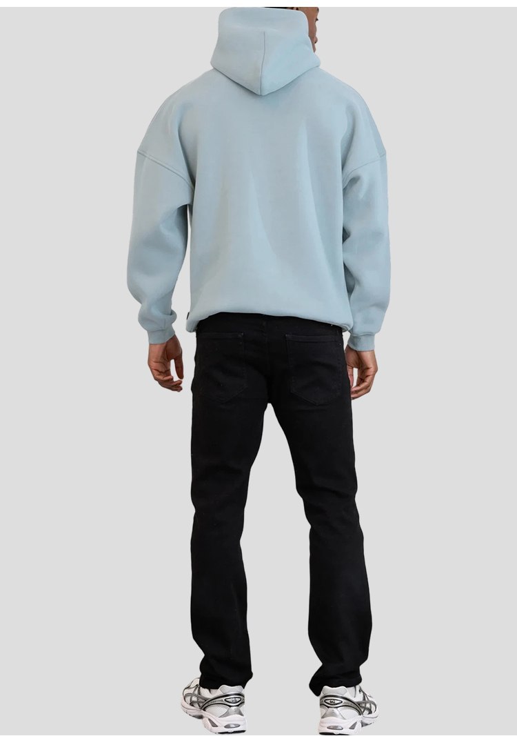 Men's relaxed gym hoodie close-up detail for OEM production