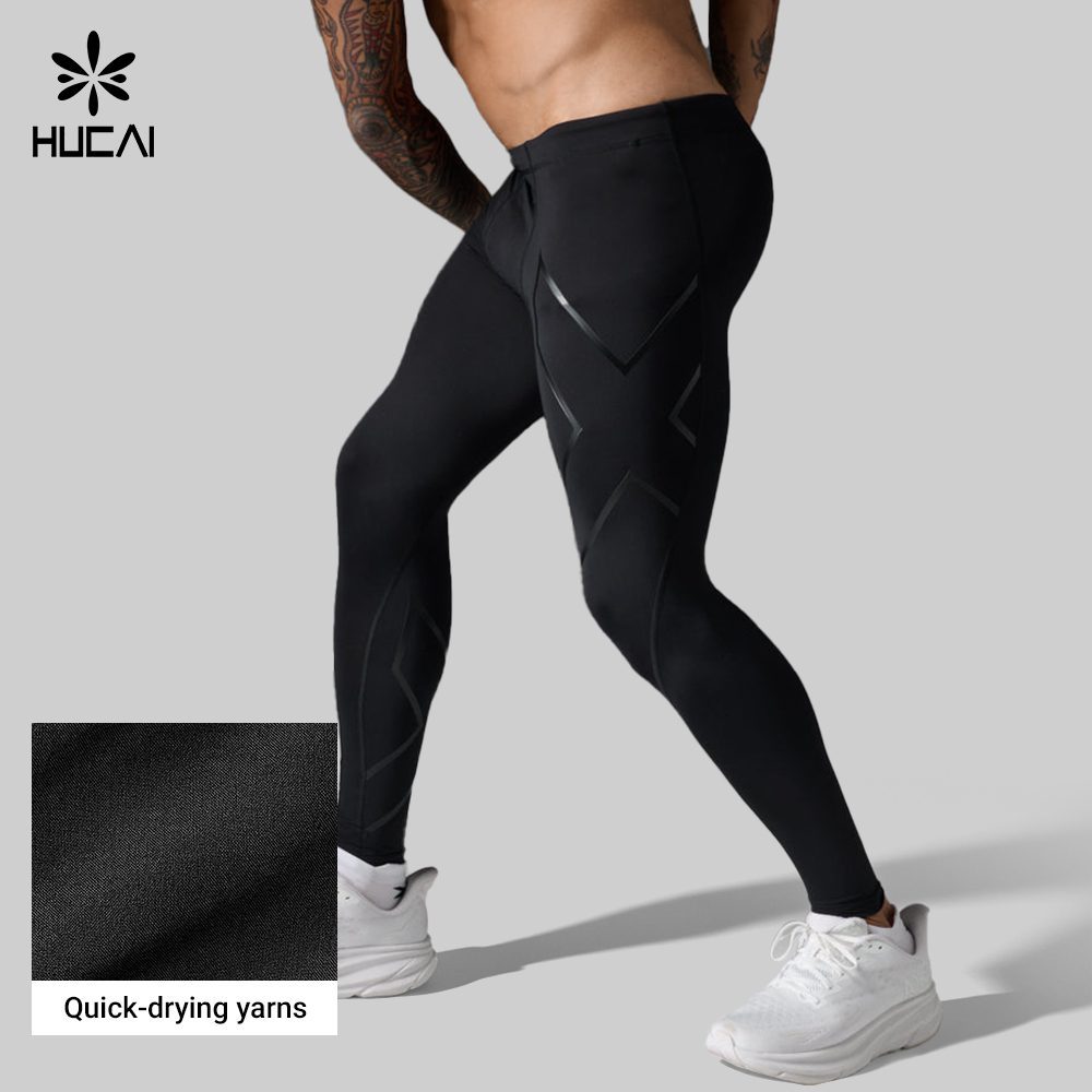 Men's black base layer tight in mid stride with a close-up swatch showing the quick drying knit yarn structure
