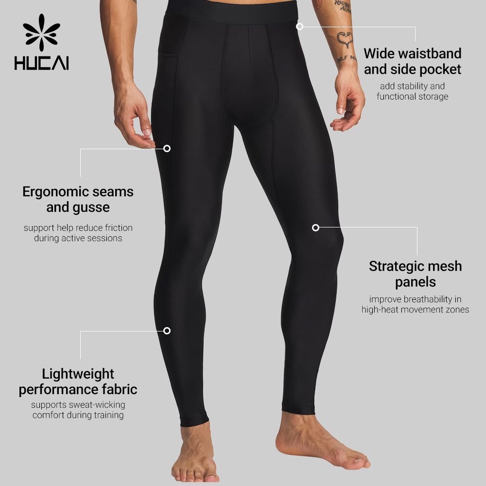 Men's black base layer tight showing a wide waistband with side pocket, ergonomic seams and gusset, and strategic mesh panels