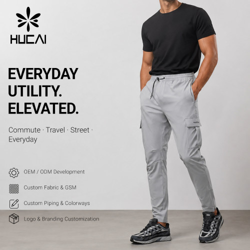Custom Men's Tapered Woven Cargo Trousers with Zip Cuffs and Bungee Waist