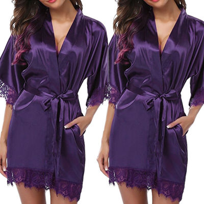 Short sleeve robe wholesale, fashion Pure color imitation silk bathrobe with lace