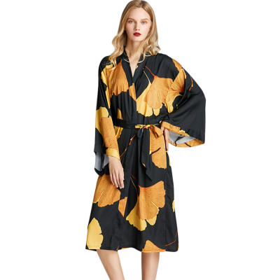 Luxury Silk Printed Nightwear,New Arrival Elegant Floral Comfort Loose Sleepwear,Wholesale Long Sleeve Robe for Women