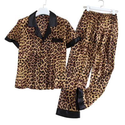 Woman's Satin Pajamas, Couple Short Sleeve Pajamas Set, Casual Fashion Leopard Nightwear Supplier
