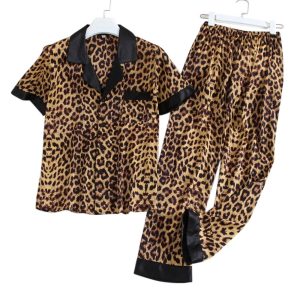 Woman's Satin Pajamas, Couple Short Sleeve Pajamas Set, Casual Fashion Leopard Nightwear Supplier
