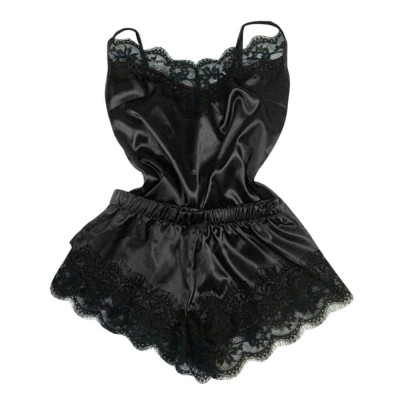 Satin Lace Design Solid Color Plus Size Lingerie Two Pieces Nightwear