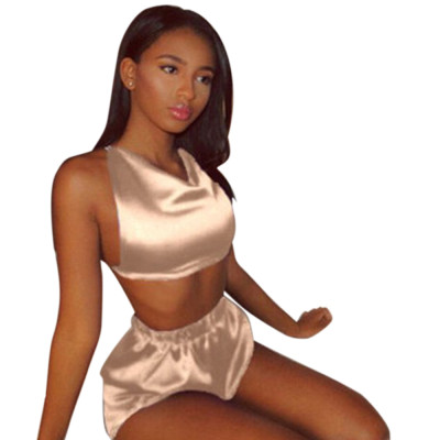 Satin Material Solid Color Backless Sleeveless Summer Pajamas For Women