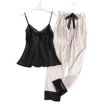 Woman Sleeveless Pajamas, Two Piece Set, Silk Lace Stripe Design, Wholesale Sleepwear